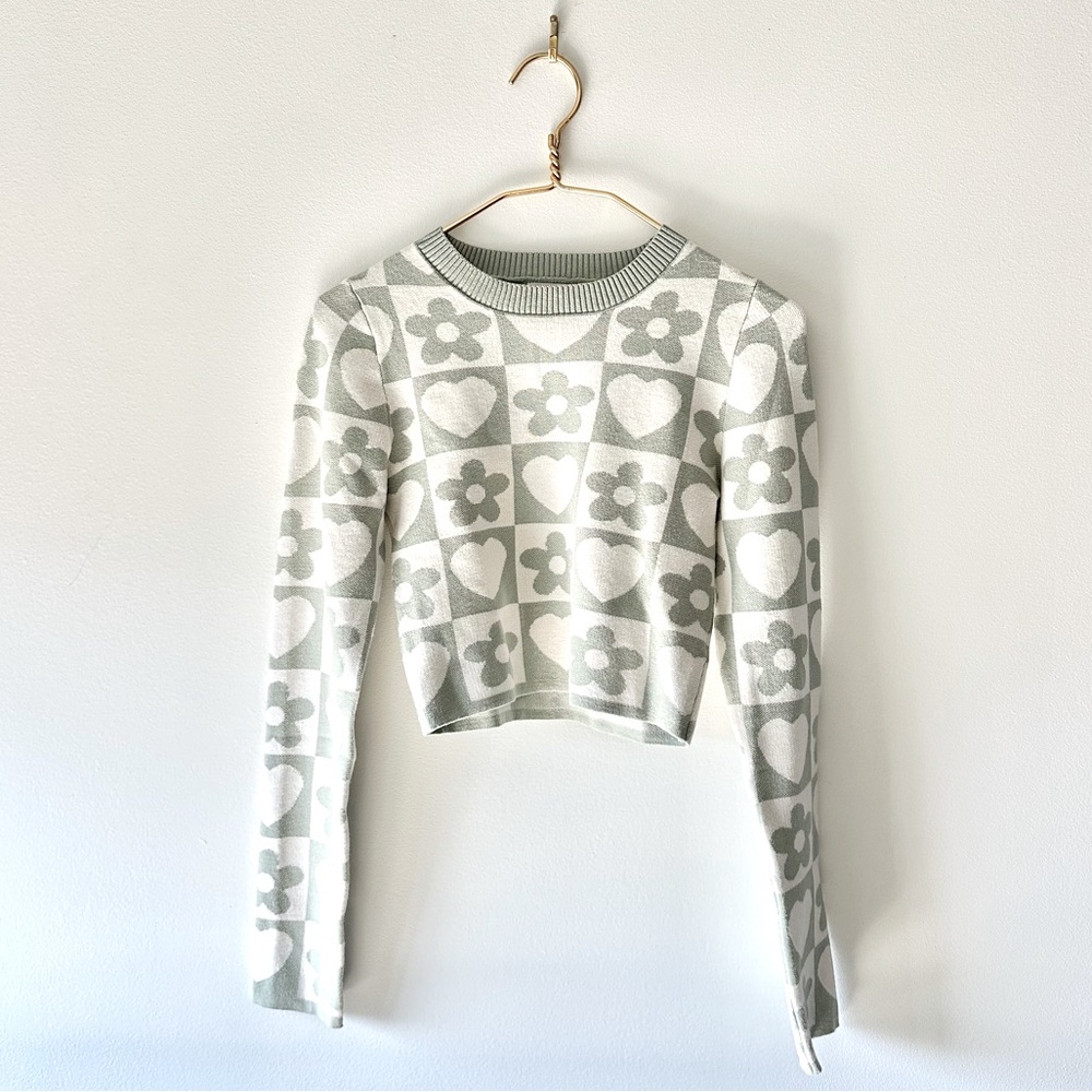 Crop Knit Sweater Top - Light Sage Floral & Heart Pattern